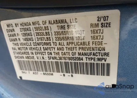 2007 Honda Odyssey Ex-L from USA, damaged, VIN 5FNRL38787B052084